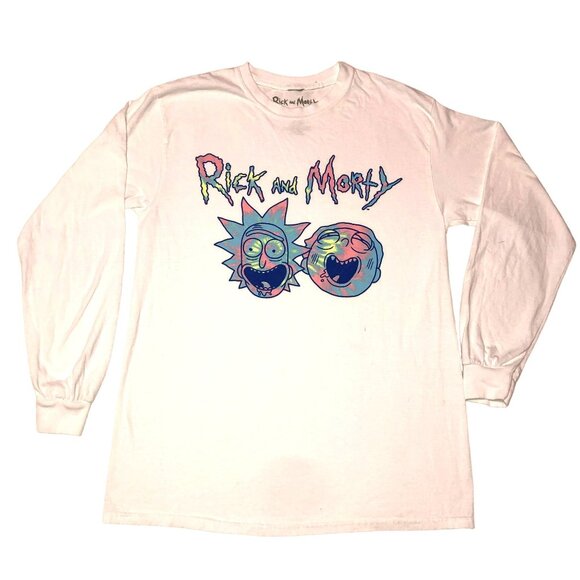 WHITE RICK AND MORTY T SHIRT SIZE M ADULT SWIM WHITE LONG SLEEVE CARTOON MENS - Picture 1 of 4